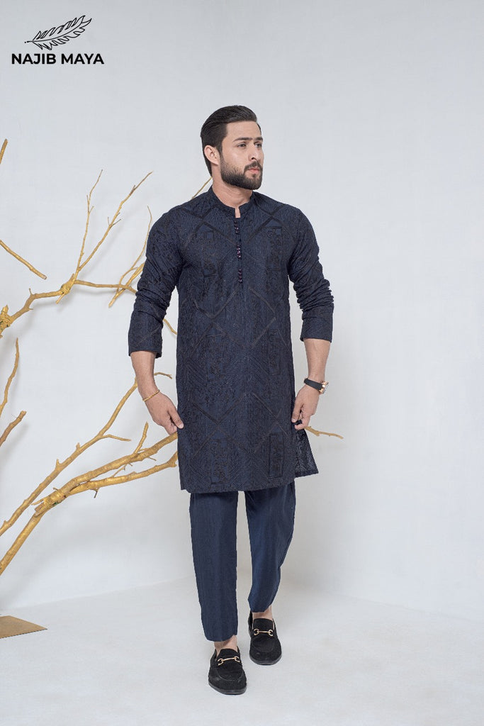 Navy Blue + Black Embroidery Kurta Pajama For Men's