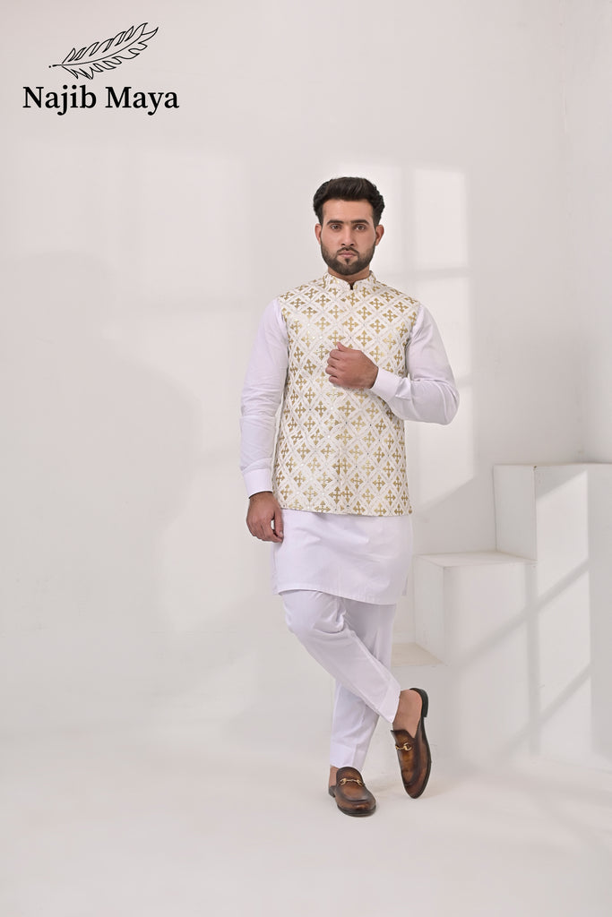 White Golden Embroidery Waist Coat & White Kurta Pajama For Men's