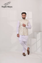 Load image into Gallery viewer, White Golden Embroidery Waist Coat &amp; White Kurta Pajama For Men&#39;s