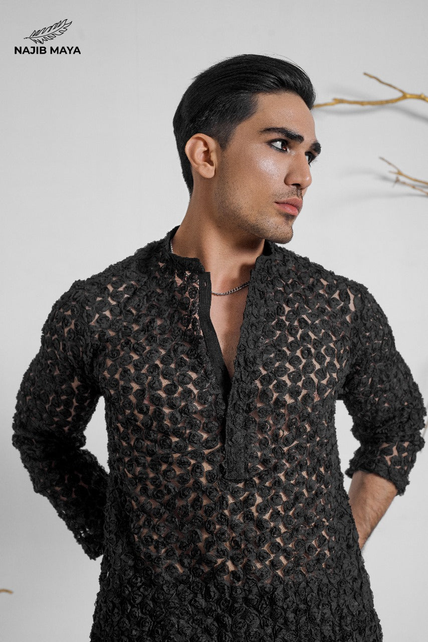 Black Stylish Net Kurta With Dhaka Pajama For Men's Secondary image
