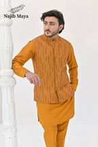 Mustard Embroidery Waist Coat & Mustard Kurta Pajama For Men's