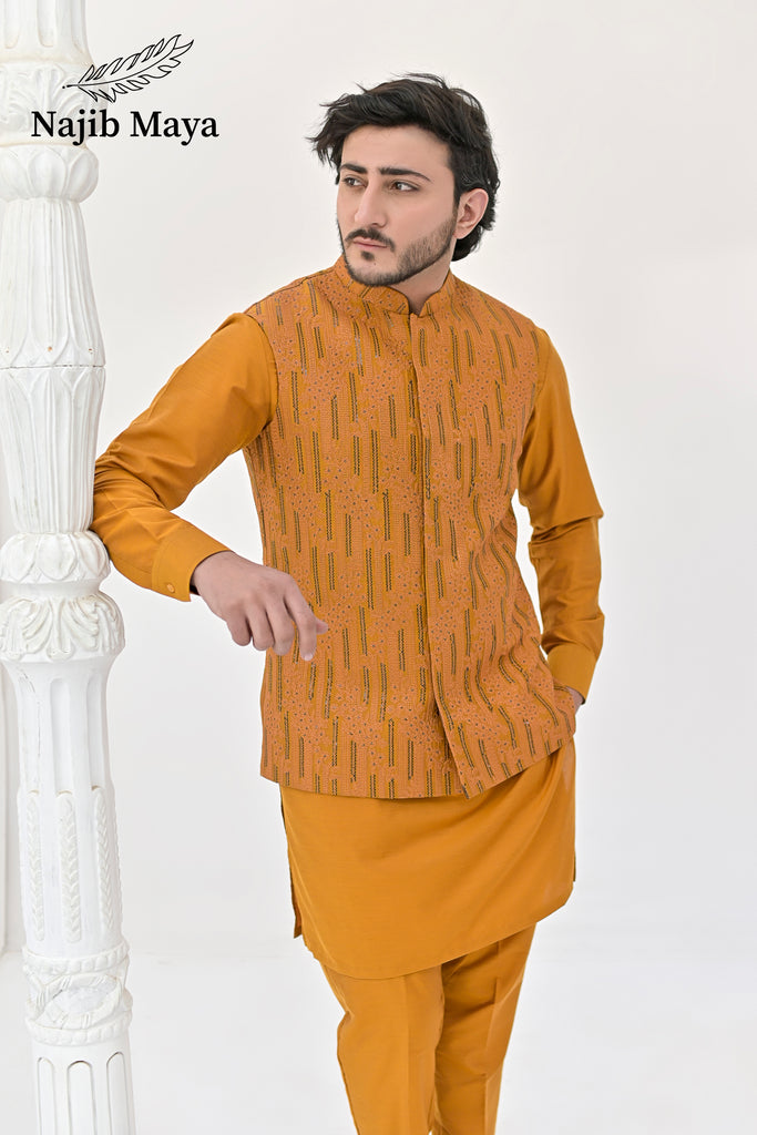 Mustard Embroidery Waist Coat & Mustard Kurta Pajama For Men's