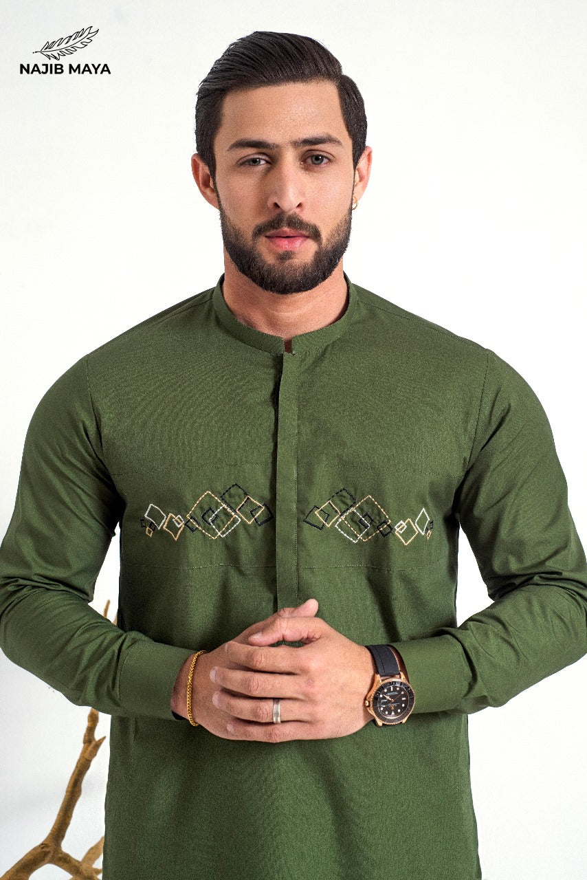 Green Front Embroidery  Kurta Pajama For Men's Secondary image