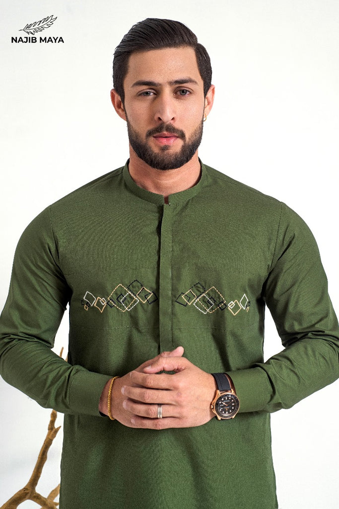 Green Front Embroidery  Kurta Pajama For Men's