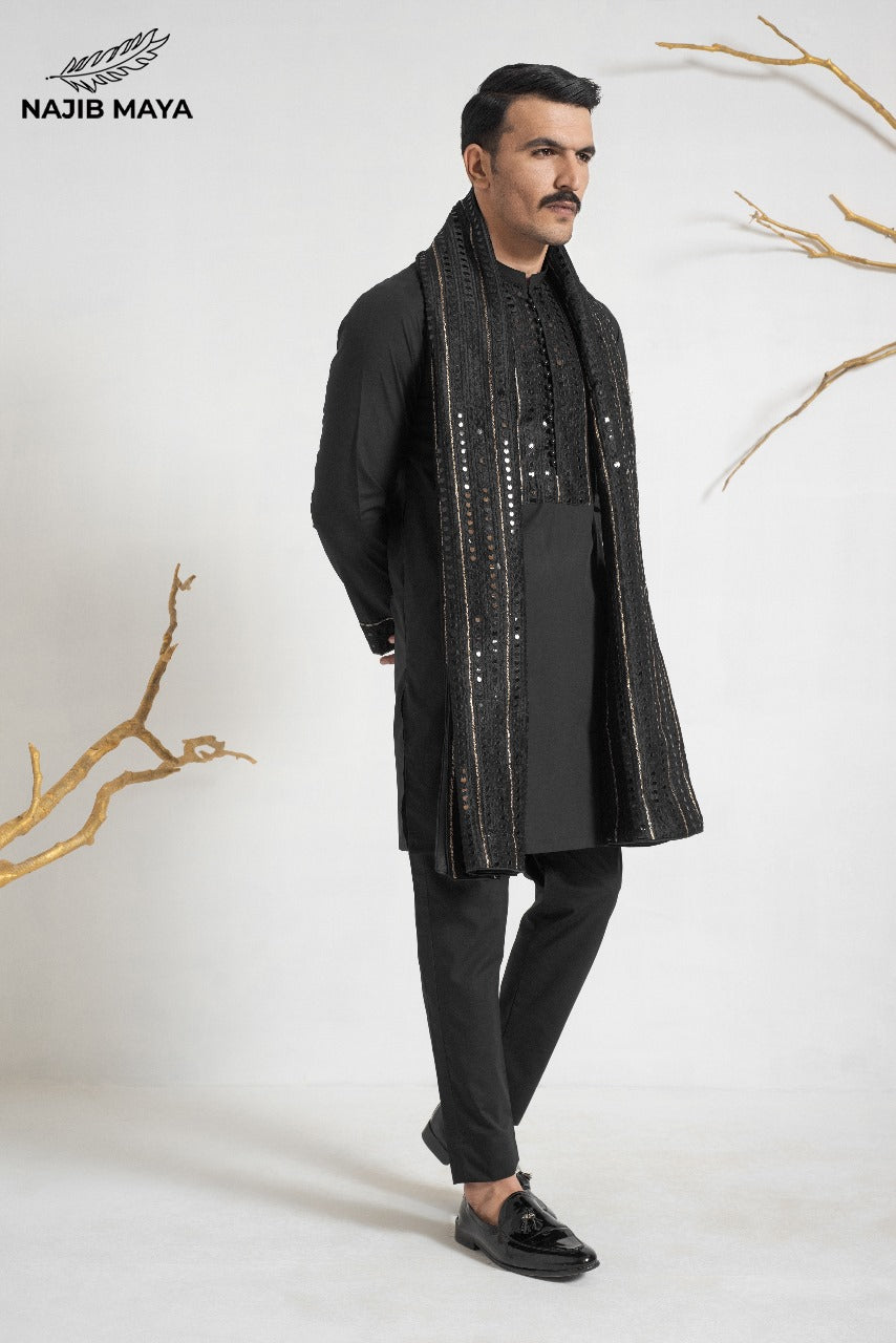 Black Stylish Kurta Pajama + Shawl For Men's