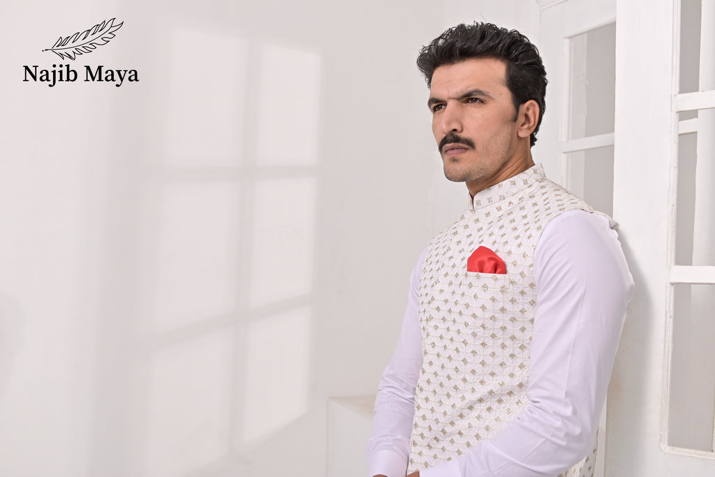 White Embroidery Waist Coat & White Kurta Pajama For Men's