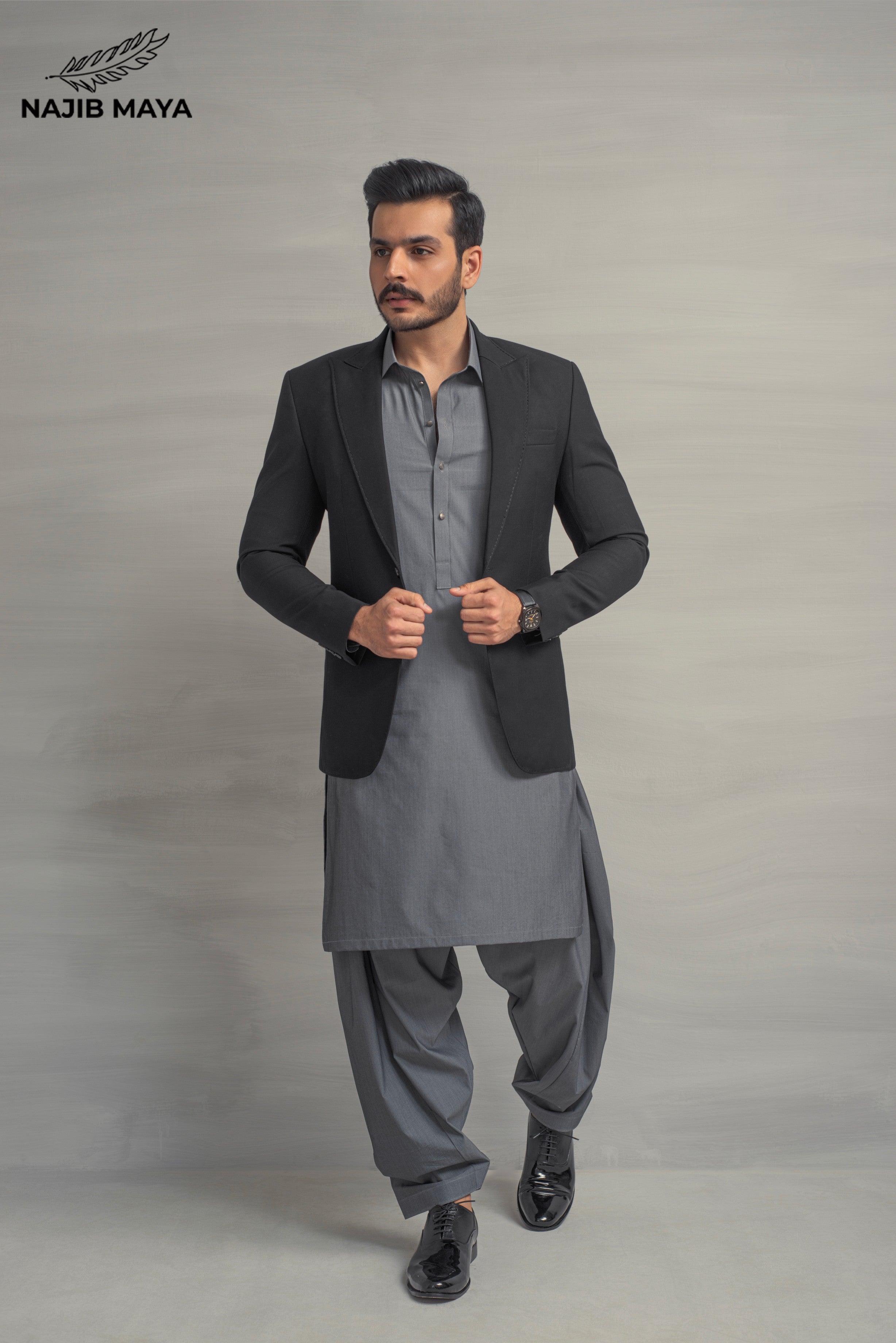Black Elegant Casual Coat + Grey Shalwar Kameez For Men's Main image