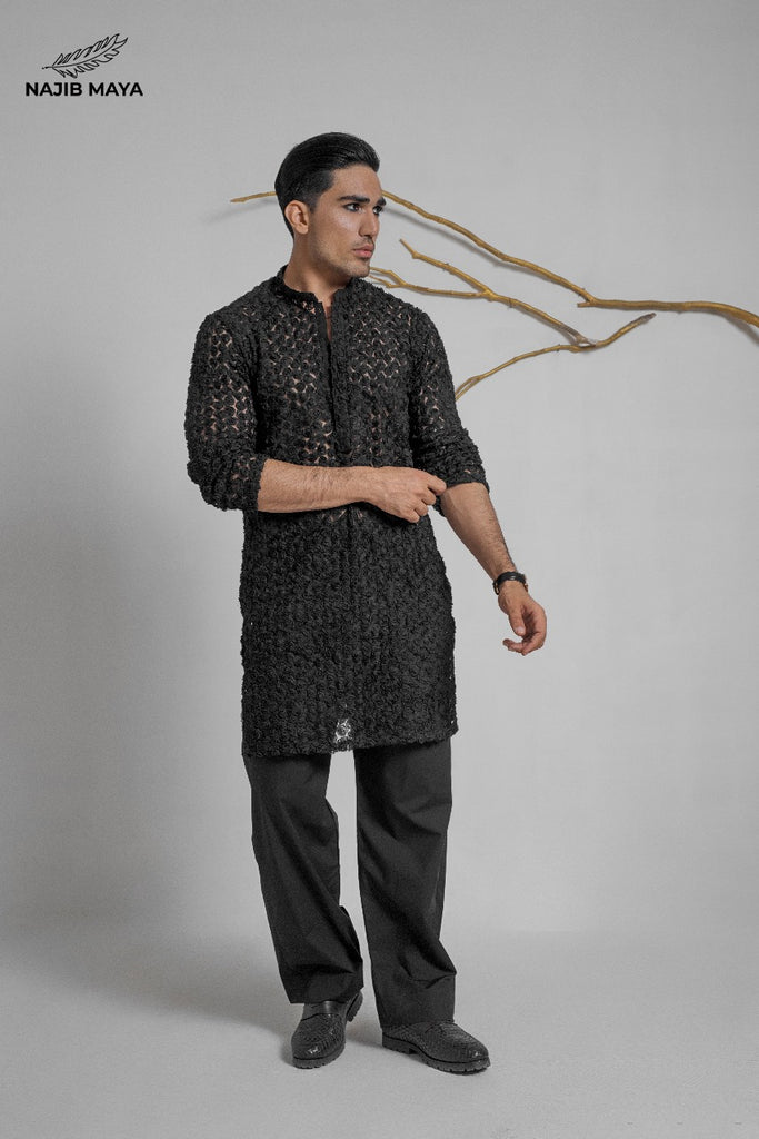 Black Stylish Net Kurta With Dhaka Pajama For Men's