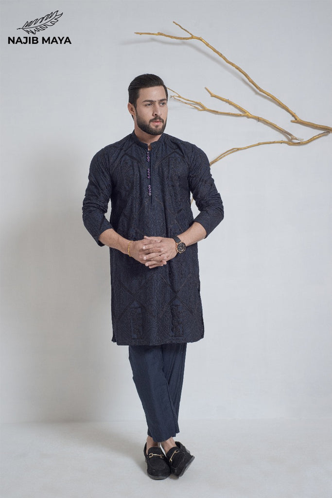 Navy Blue + Black Embroidery Kurta Pajama For Men's