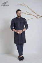 Load image into Gallery viewer, Navy Blue + Black Embroidery Kurta Pajama For Men&#39;s