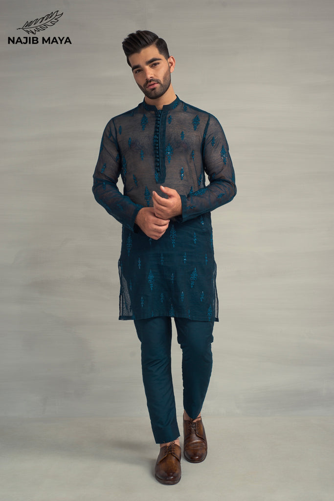 Till Blue Embroidery Kurta Pajama For Men's