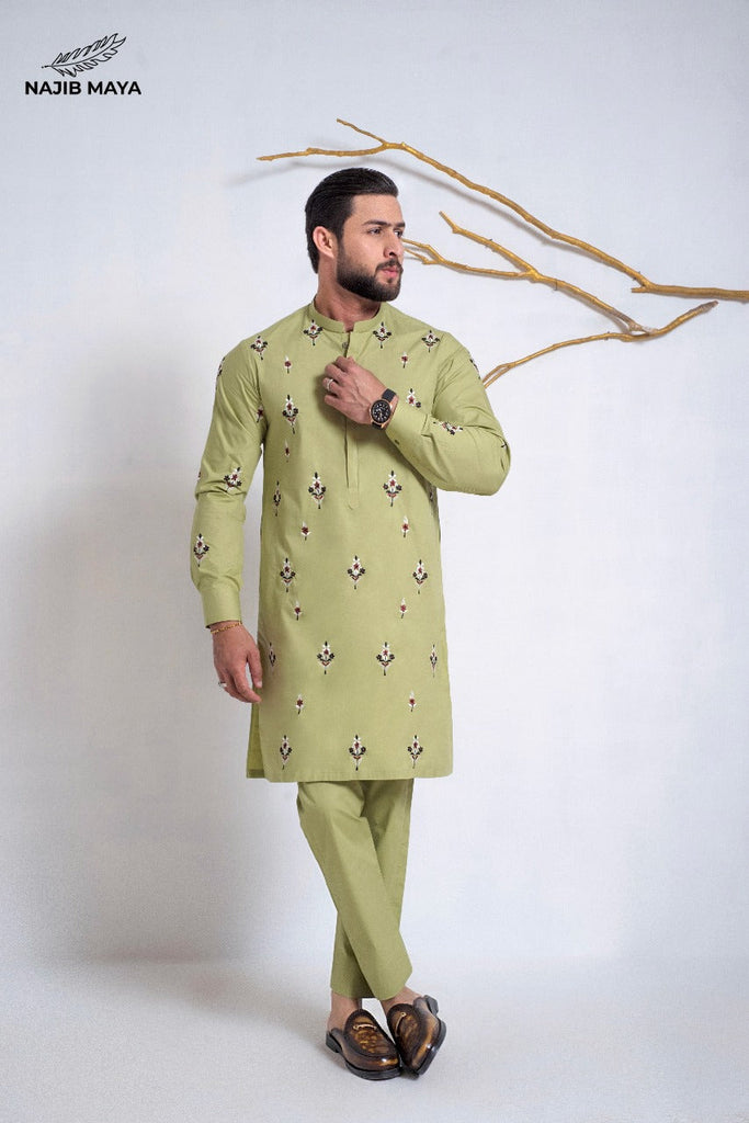 Pista Green Embroidered Kurta Pajama For Men's