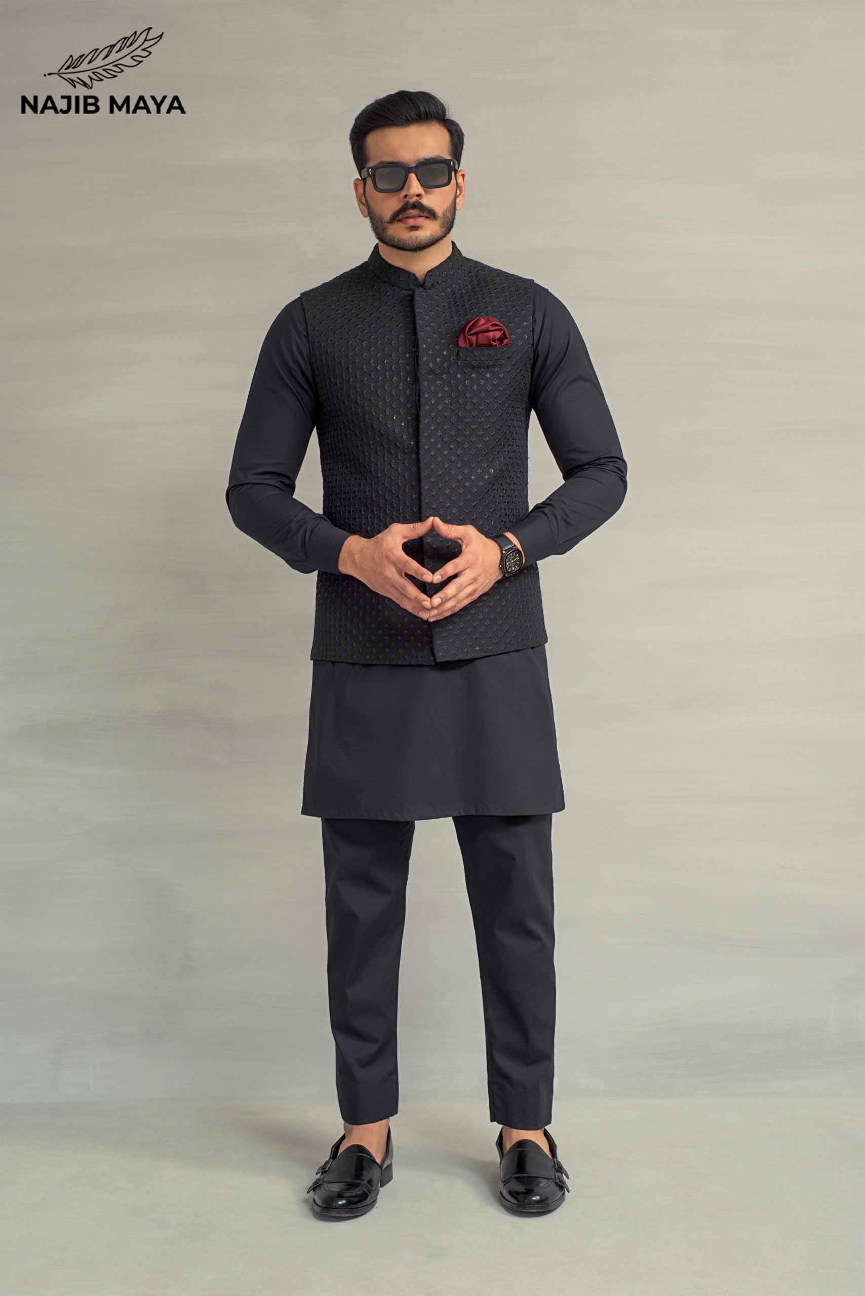 Black Embroidery Waistcoat + Black Kurta Pajama For Men's Main image