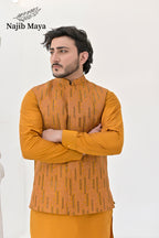 Mustard Embroidery Waist Coat & Mustard Kurta Pajama For Men's