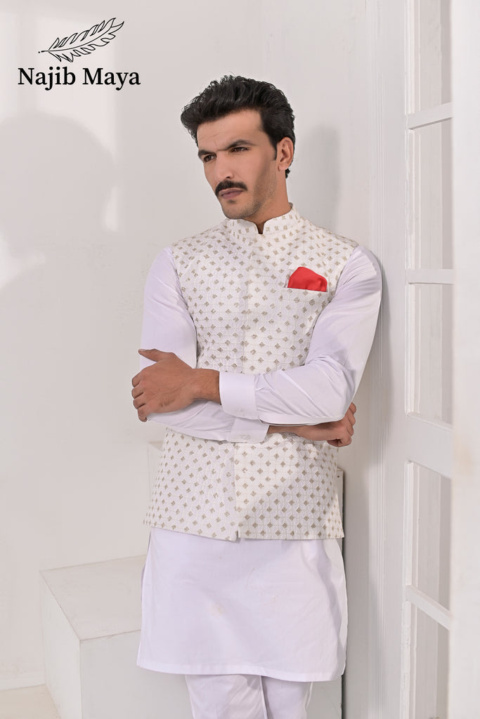 White Embroidery Waist Coat & White Kurta Pajama For Men's