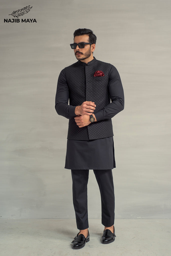 Black Embroidery Waistcoat + Black Kurta Pajama For Men's