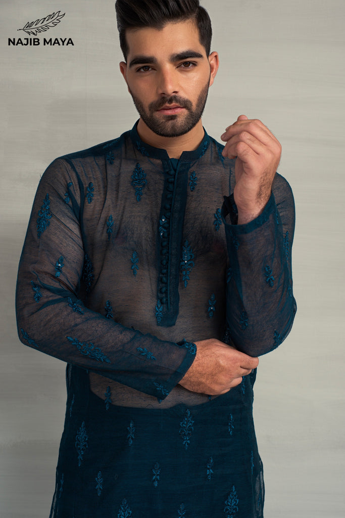 Till Blue Embroidery Kurta Pajama For Men's