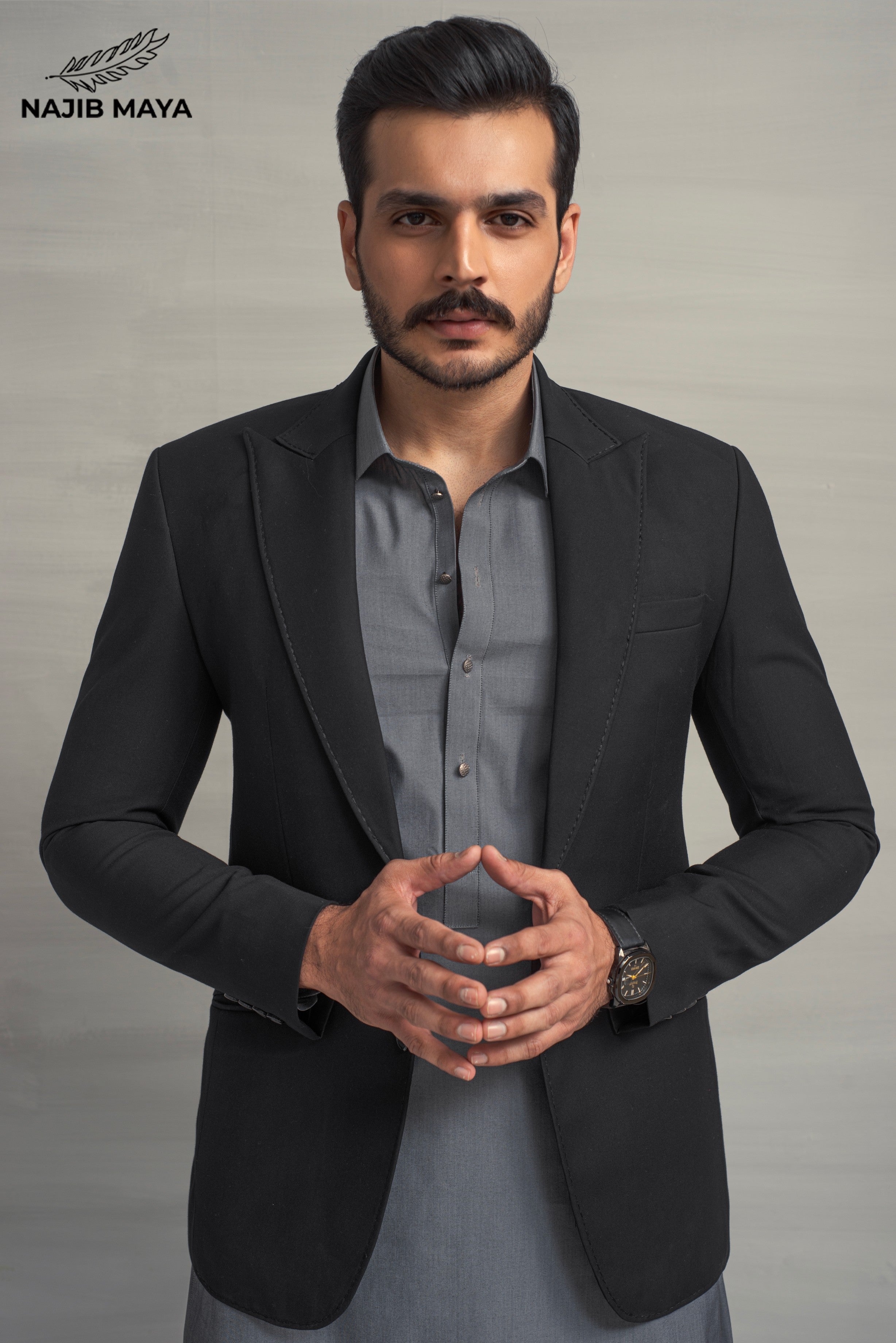 Black Elegant Casual Coat + Grey Shalwar Kameez For Men's Secondary image