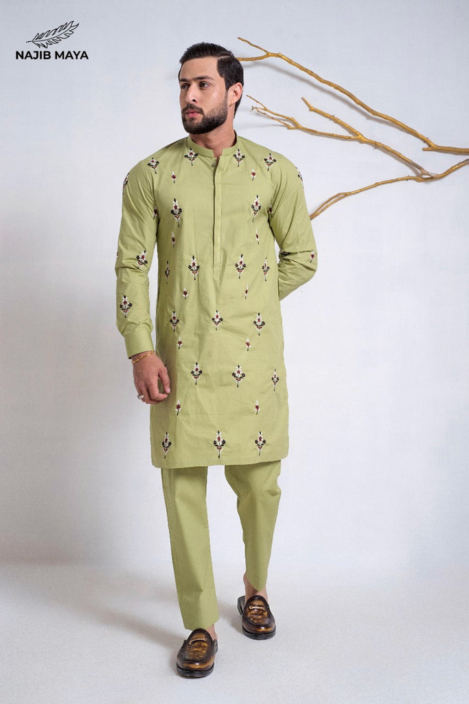 Pista Green Embroidered Kurta Pajama For Men's