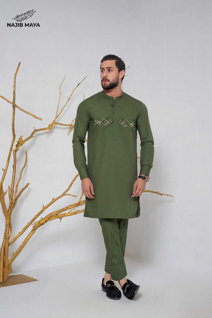 Green Front Embroidery  Kurta Pajama For Men's