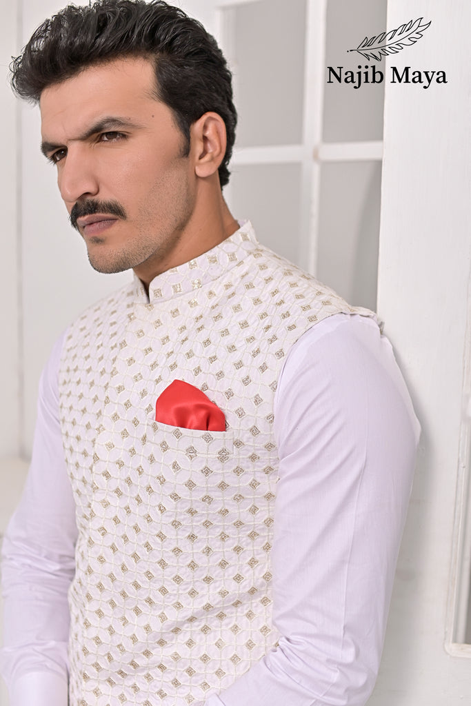 White Embroidery Waist Coat & White Kurta Pajama For Men's