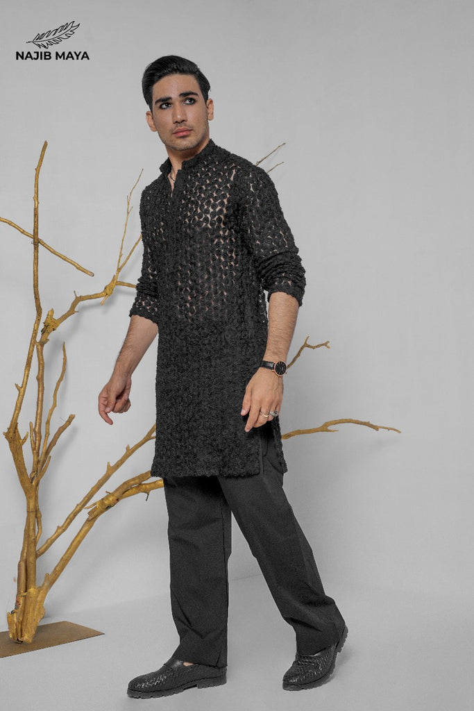 Black Stylish Net Kurta With Dhaka Pajama For Men's