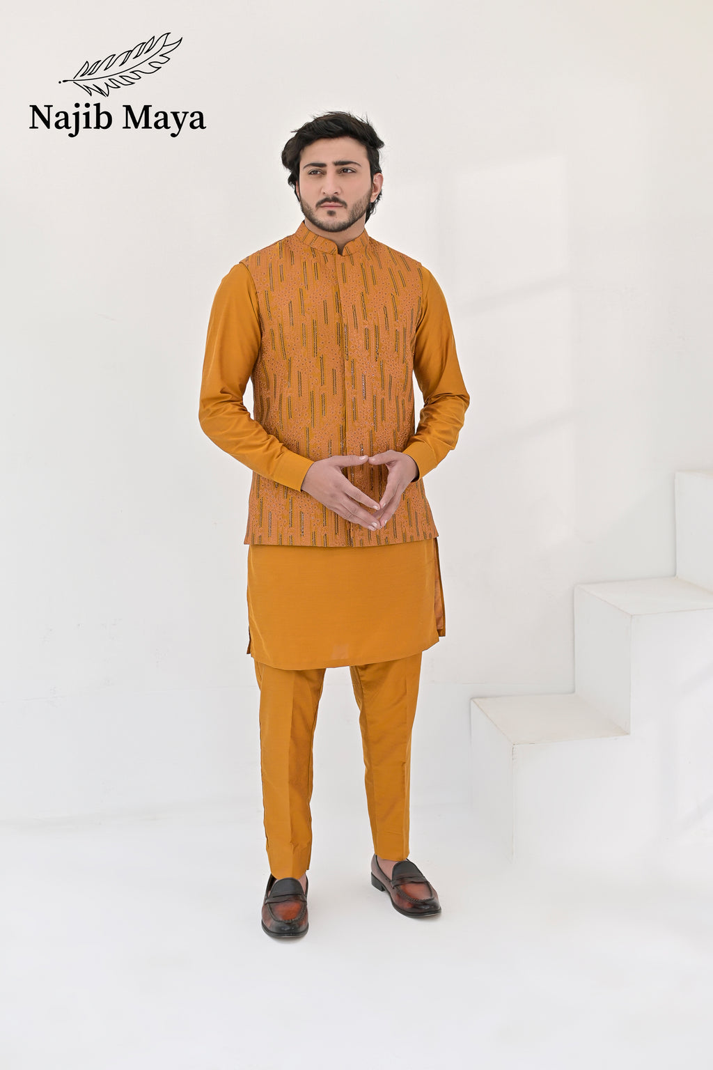 Mustard Embroidery Waist Coat & Mustard Kurta Pajama For Men's