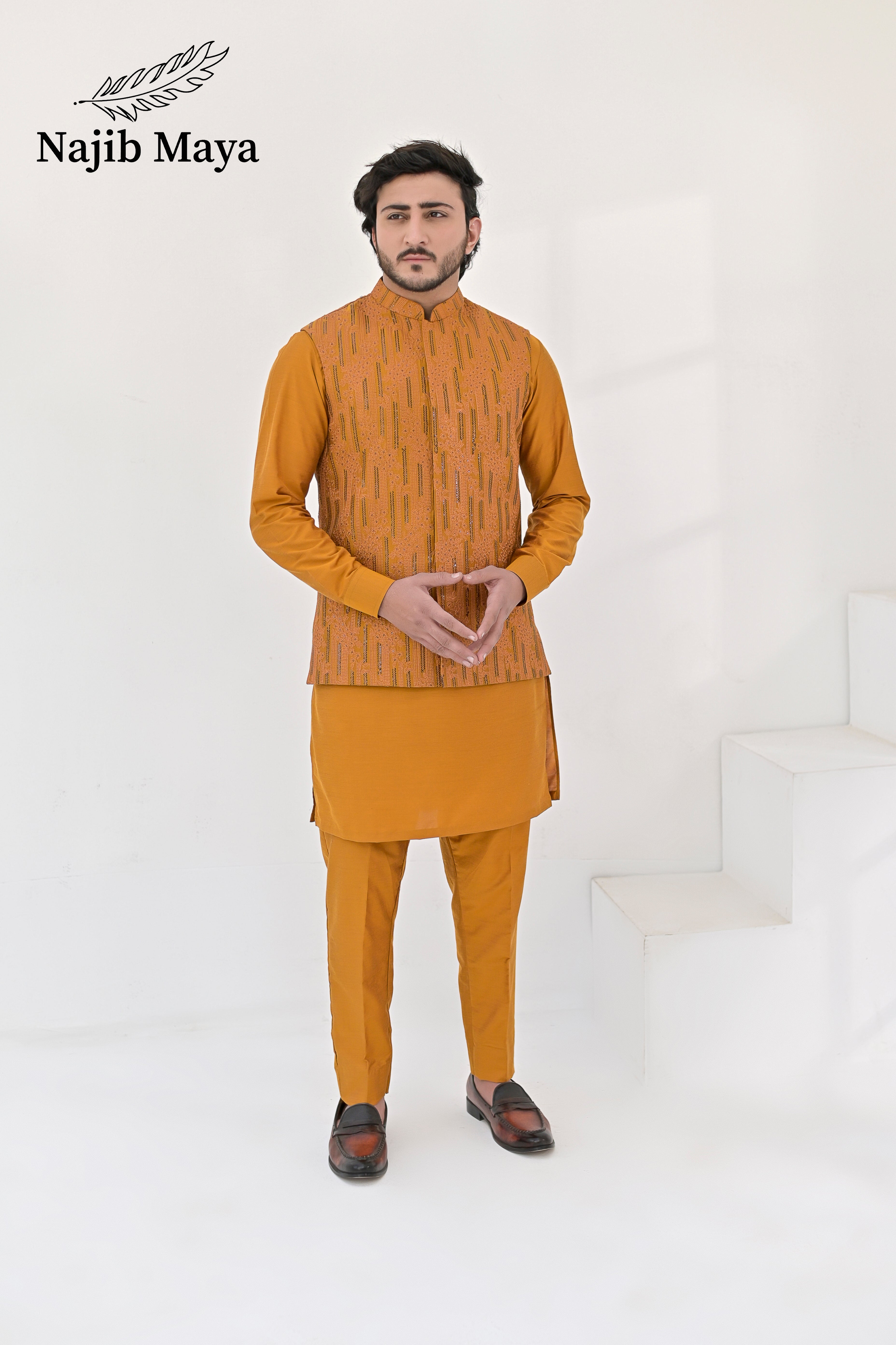 Mustard Embroidery Waist Coat & Mustard Kurta Pajama For Men's