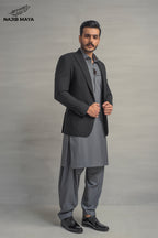 Black Elegant Casual Coat + Grey Shalwar Kameez For Men's
