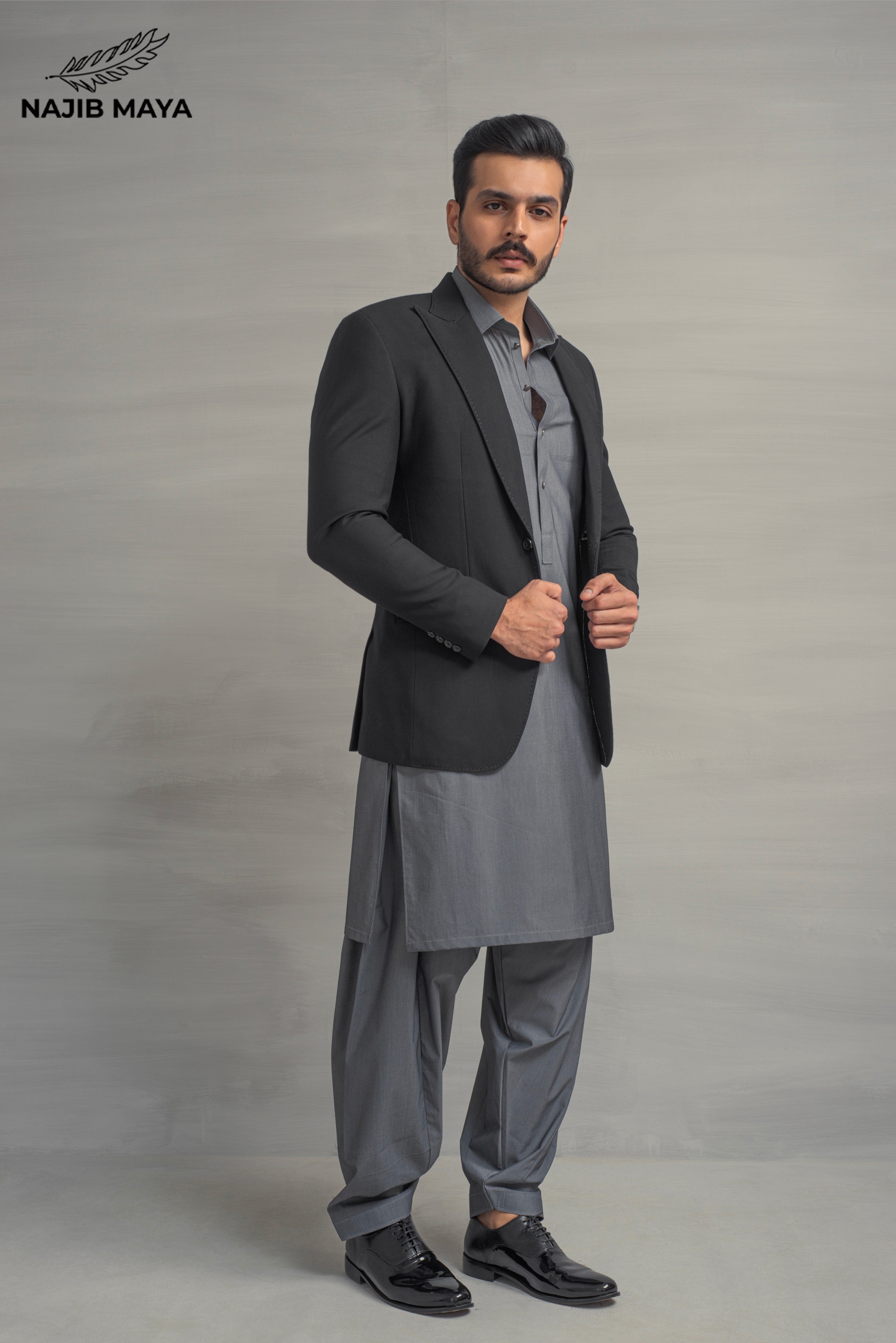 Black Elegant Casual Coat + Grey Shalwar Kameez For Men's