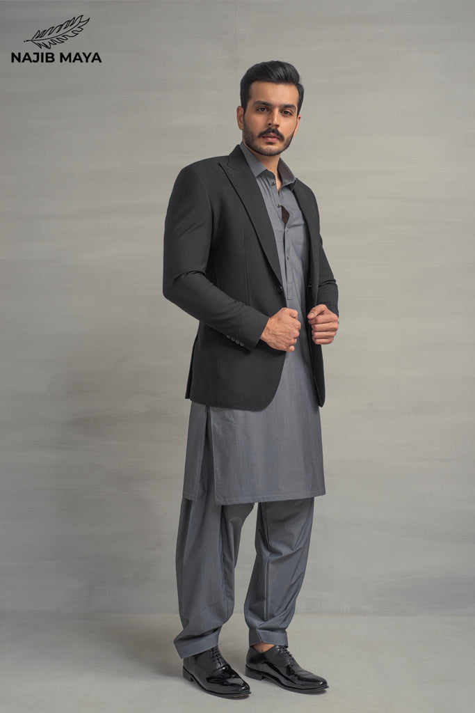 Black Elegant Casual Coat + Grey Shalwar Kameez For Men's