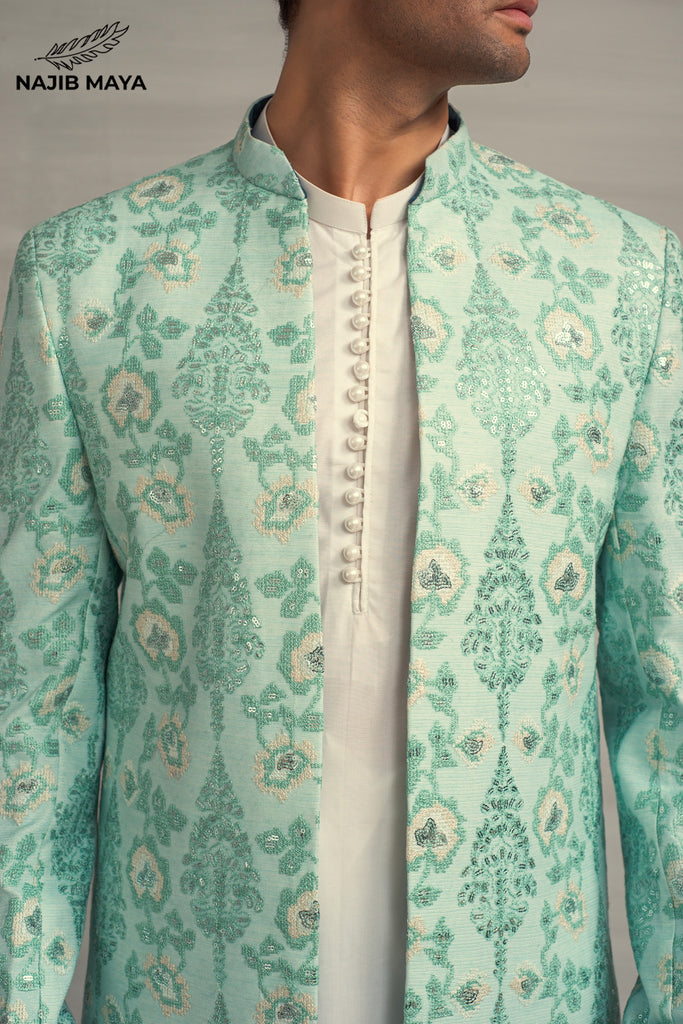 Powder Green Embroidery Prince Coat + White Kurta Pajama For Men's