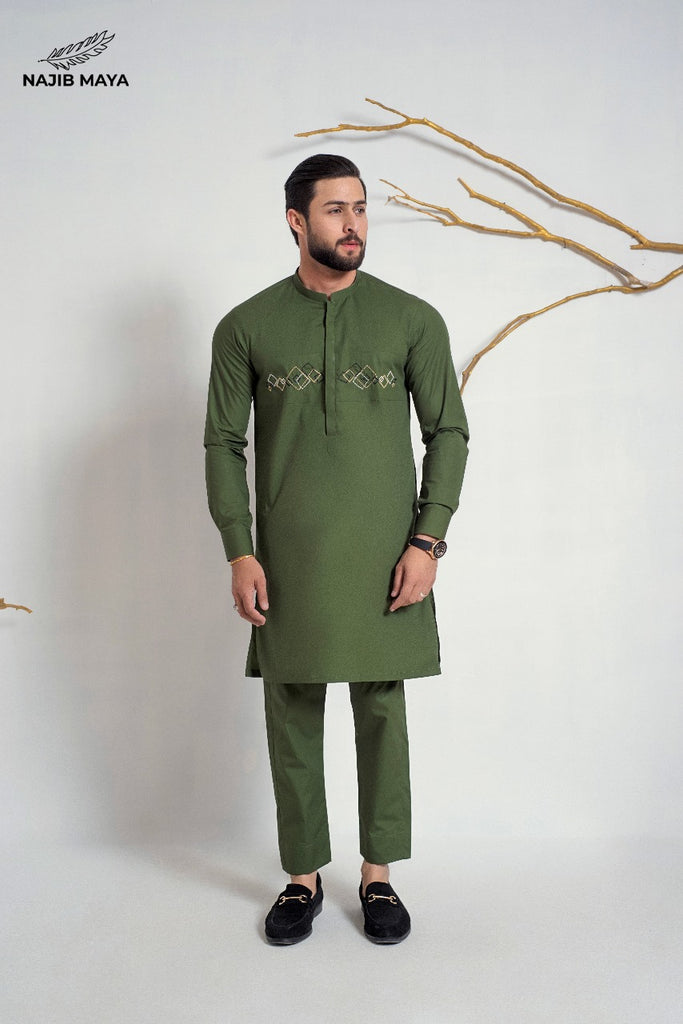 Green Front Embroidery  Kurta Pajama For Men's