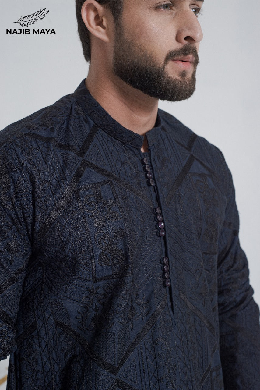 Navy Blue + Black Embroidery Kurta Pajama For Men's Secondary image