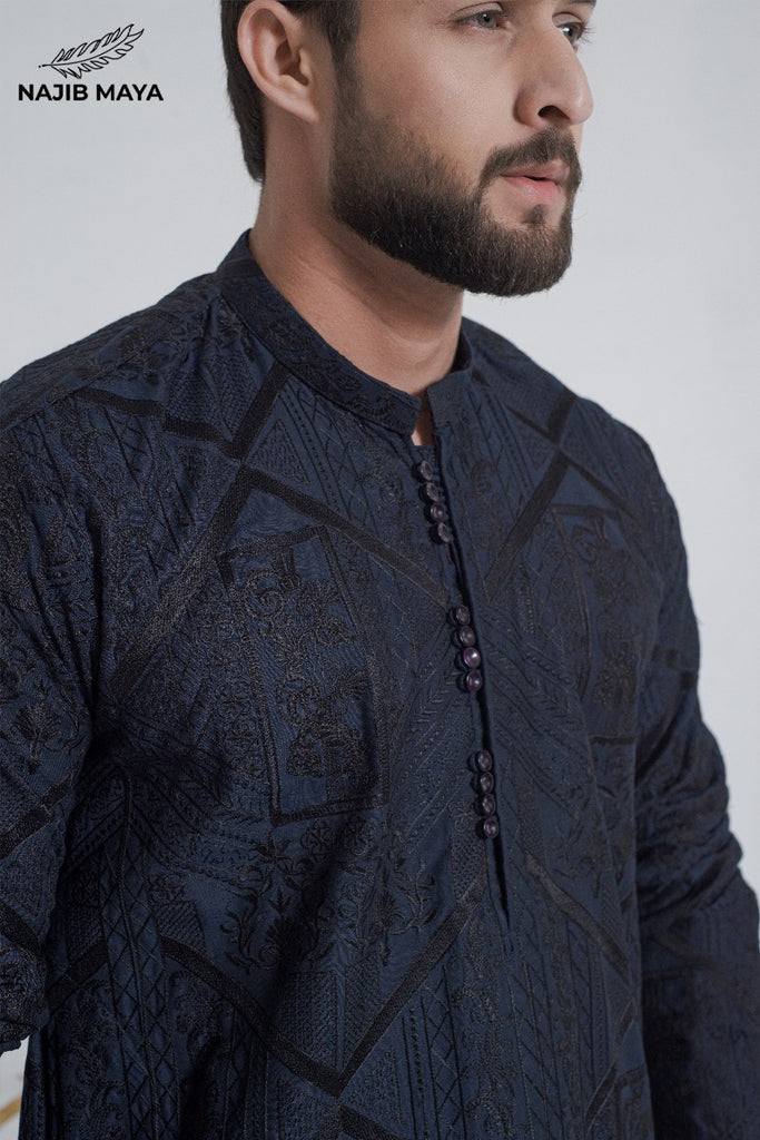 Navy Blue + Black Embroidery Kurta Pajama For Men's