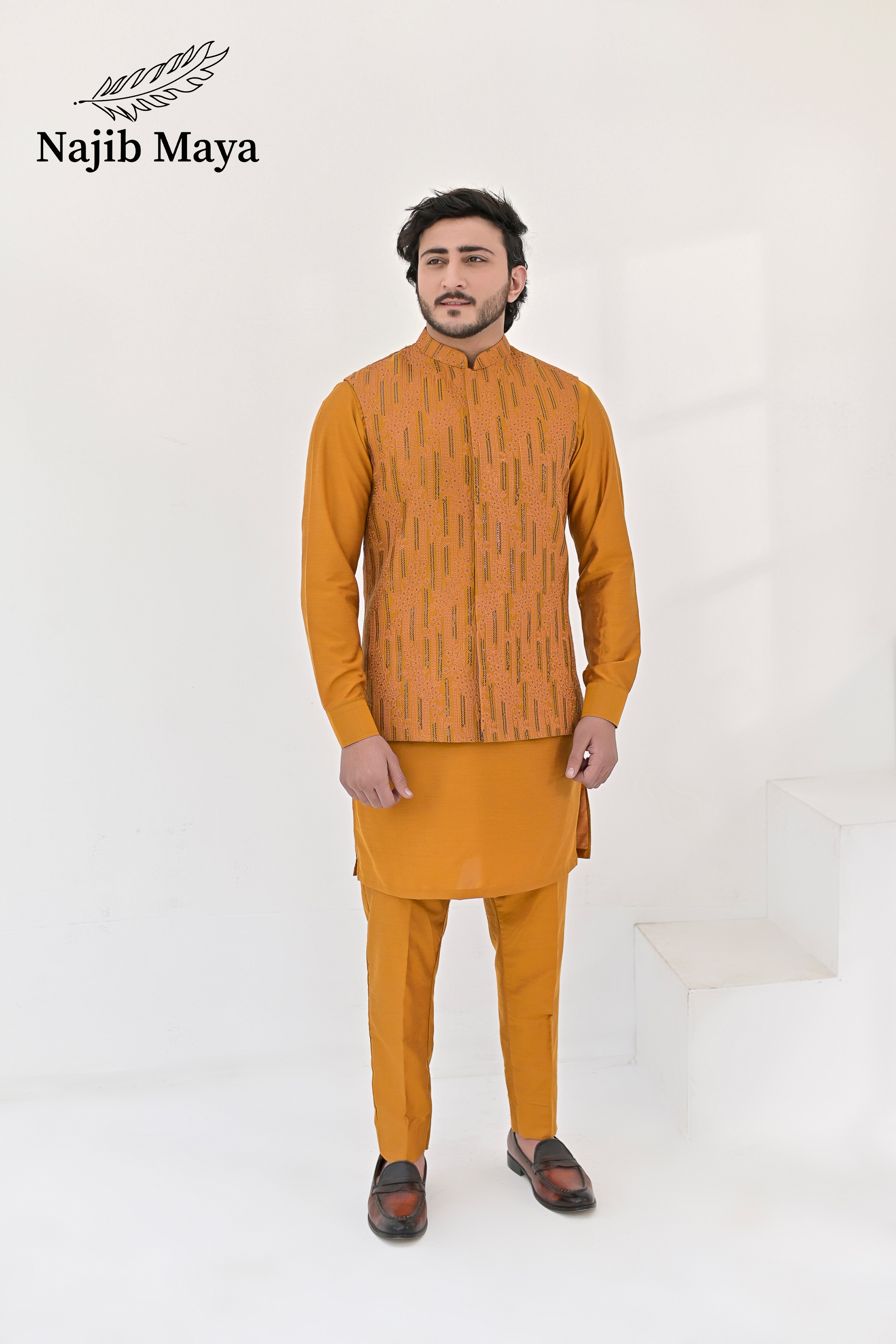 Mustard Embroidery Waist Coat & Mustard Kurta Pajama For Men's Main image