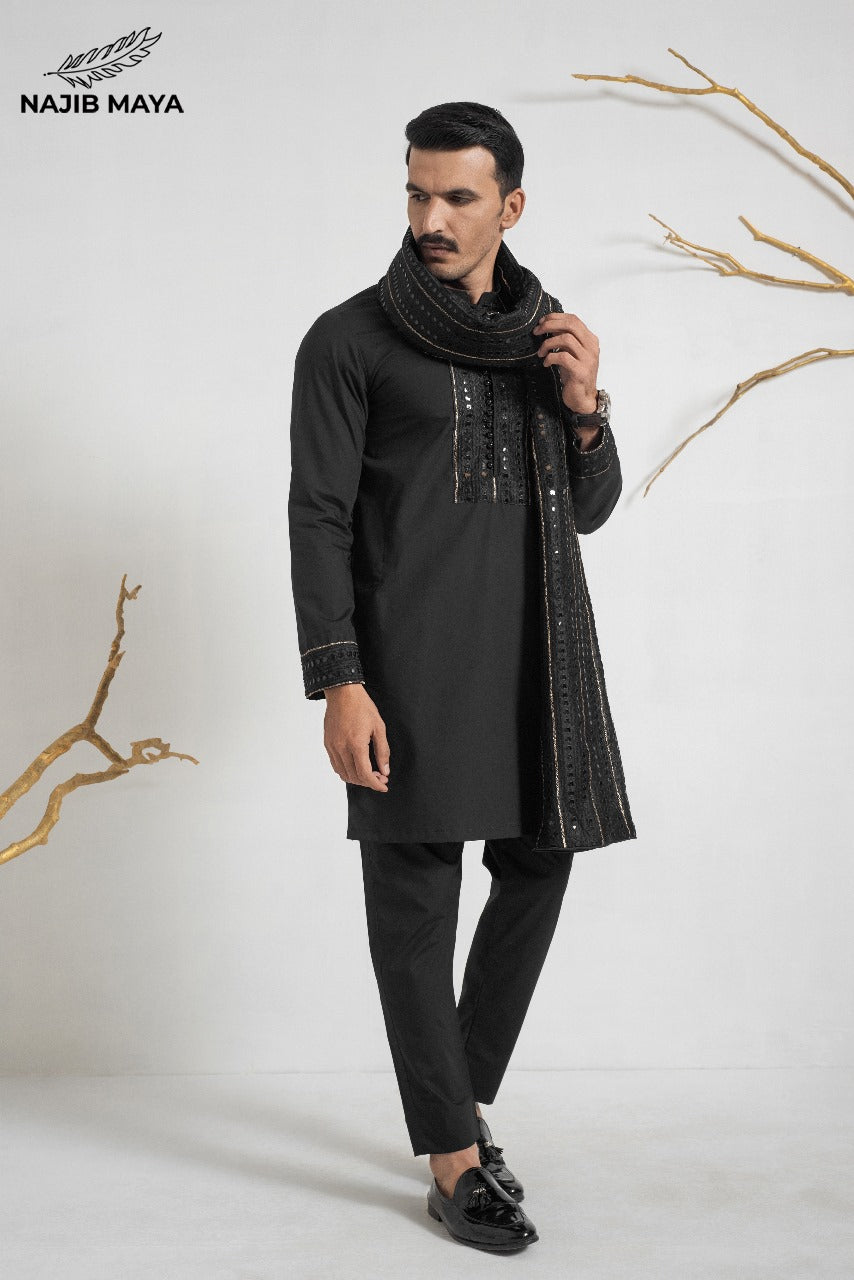 Black Stylish Kurta Pajama + Shawl For Men's