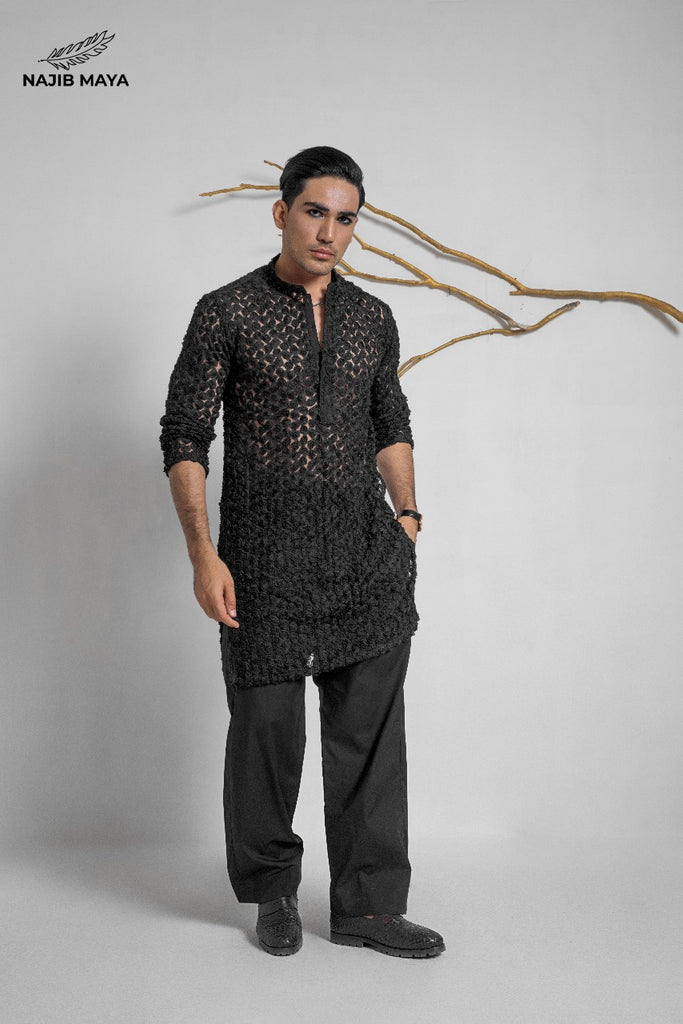 Black Stylish Net Kurta With Dhaka Pajama For Men's