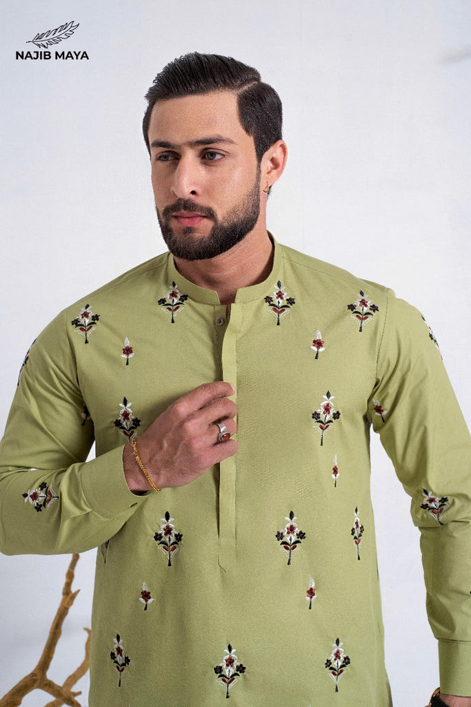 Pista Green Embroidered Kurta Pajama For Men's