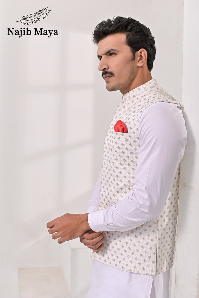 White Embroidery Waist Coat & White Kurta Pajama For Men's