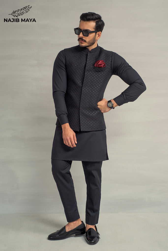 Black Embroidery Waistcoat + Black Kurta Pajama For Men's