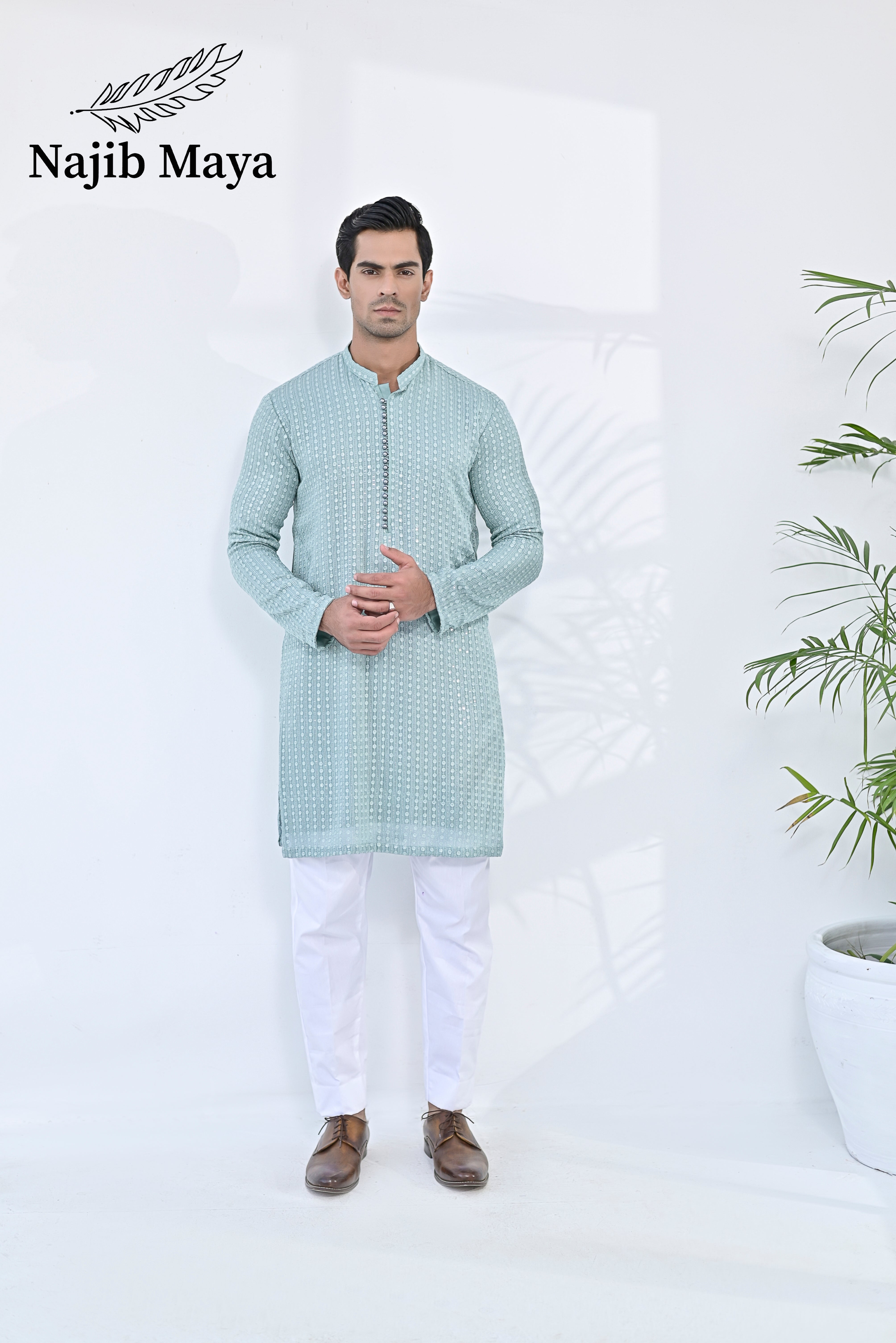 Sea Green Embroidered Kurta Pajama For Men's Main image