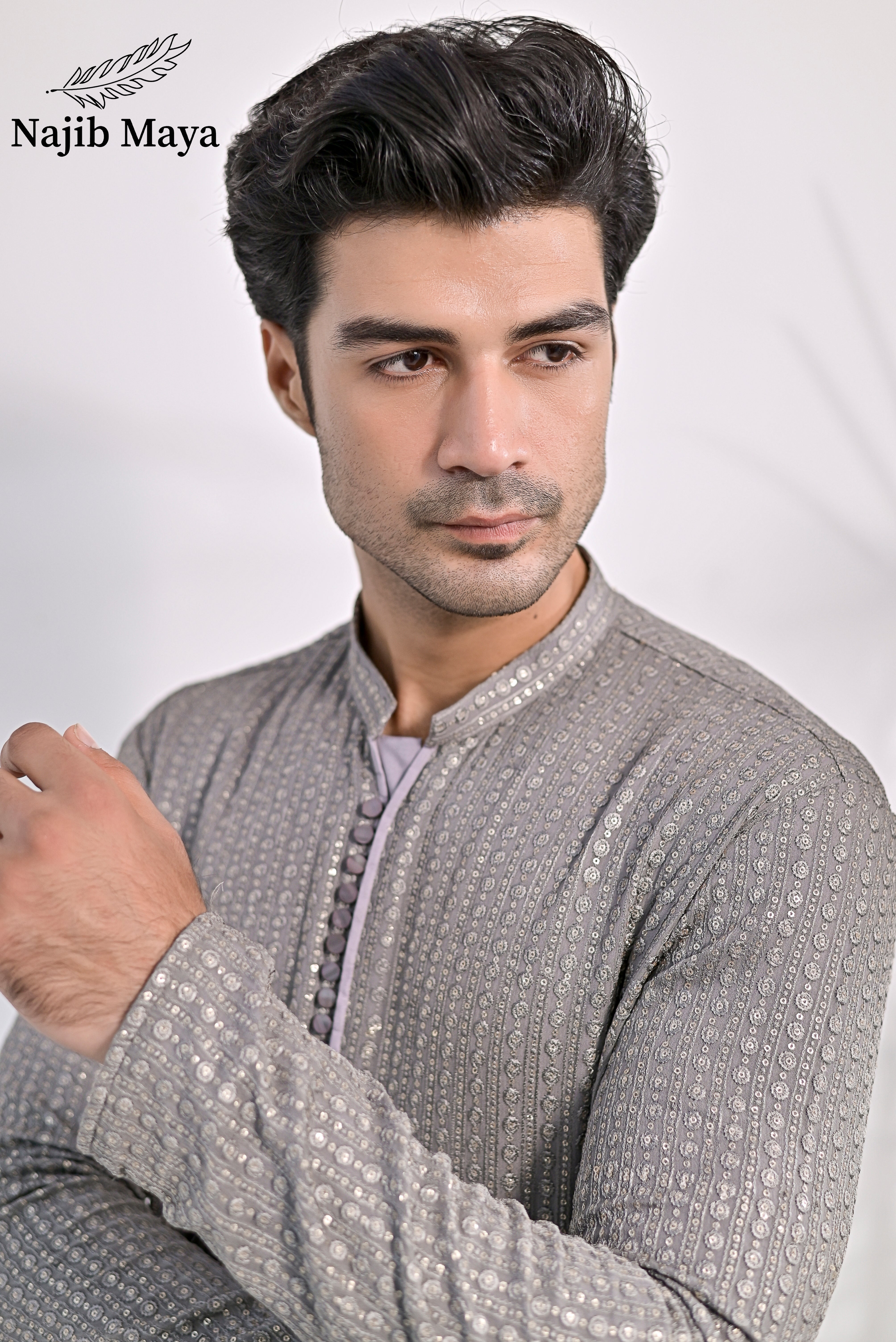 Grey Embroidered Kurta Pajama For Men's Secondary image