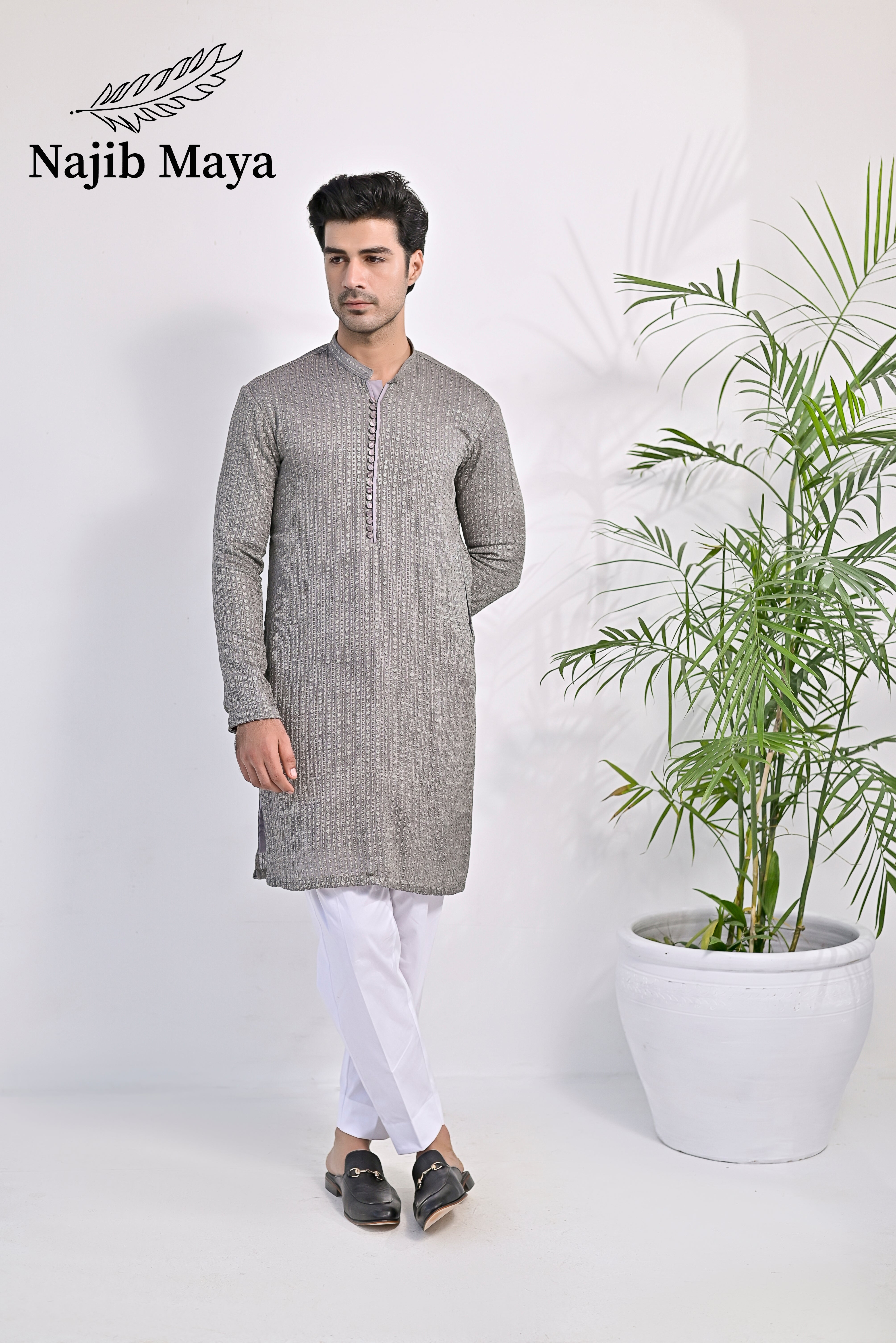 Grey Embroidered Kurta Pajama For Men's Main image