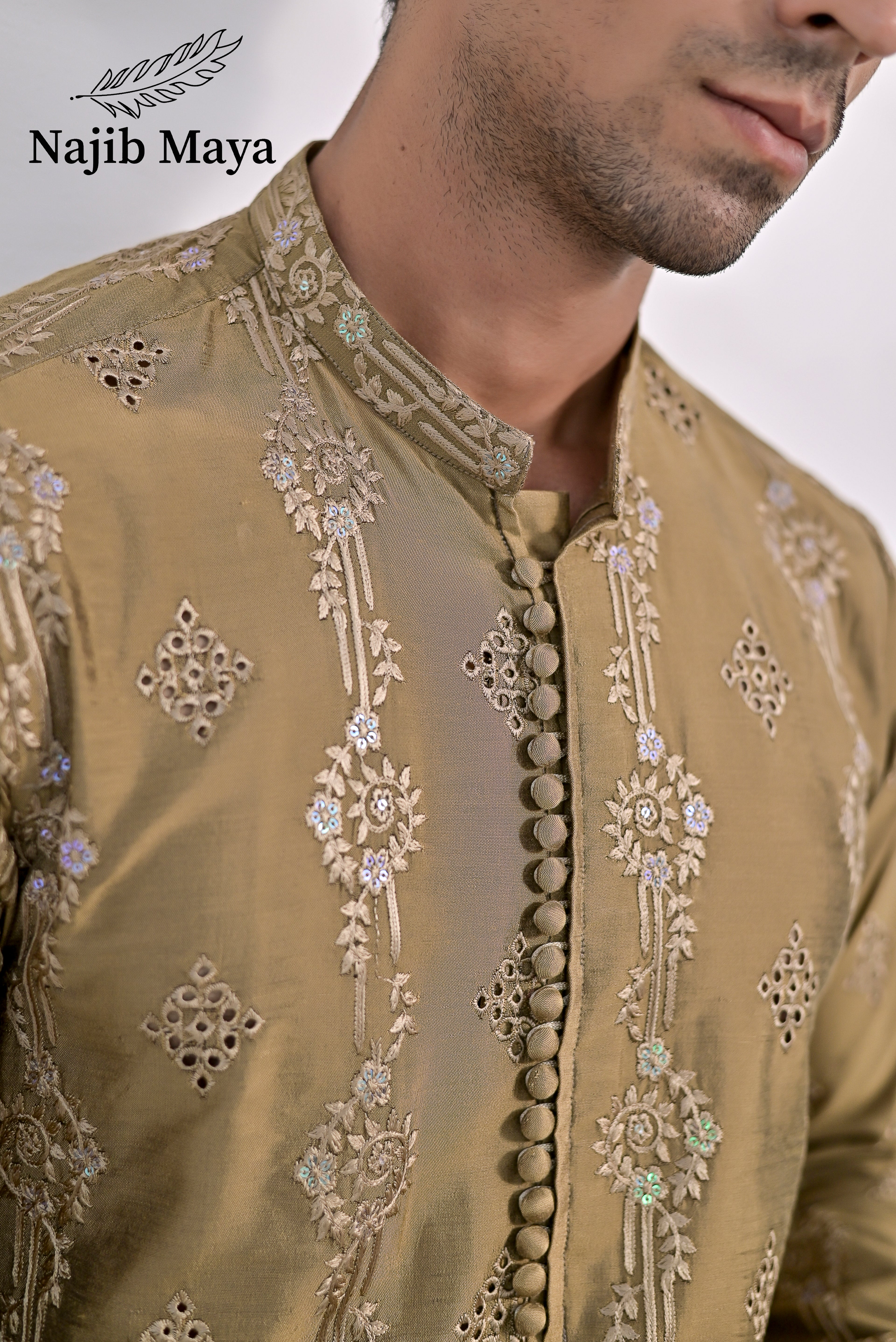Mate Gold Embroidered Kurta Pajama For Men's