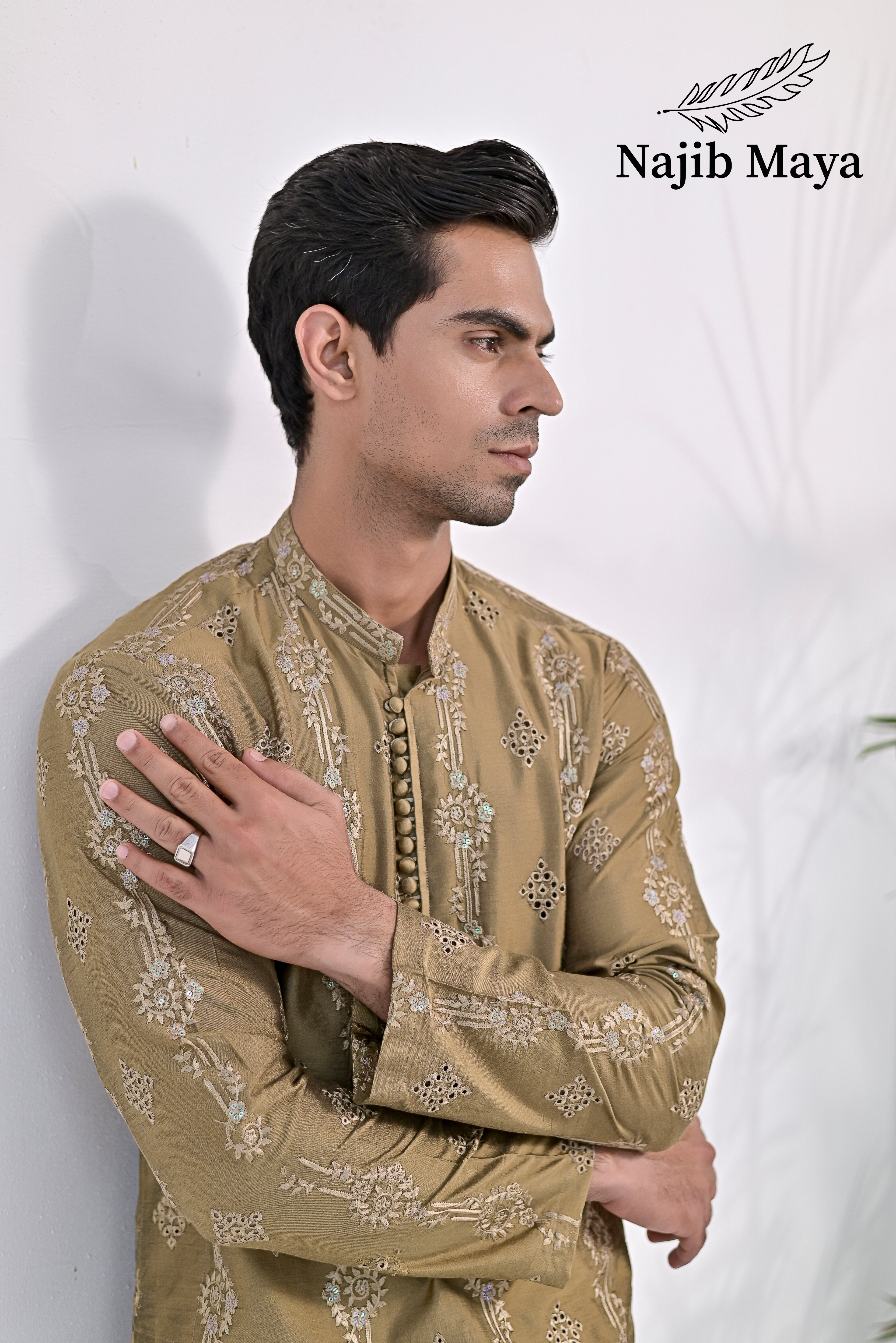 Mate Gold Embroidered Kurta Pajama For Men's