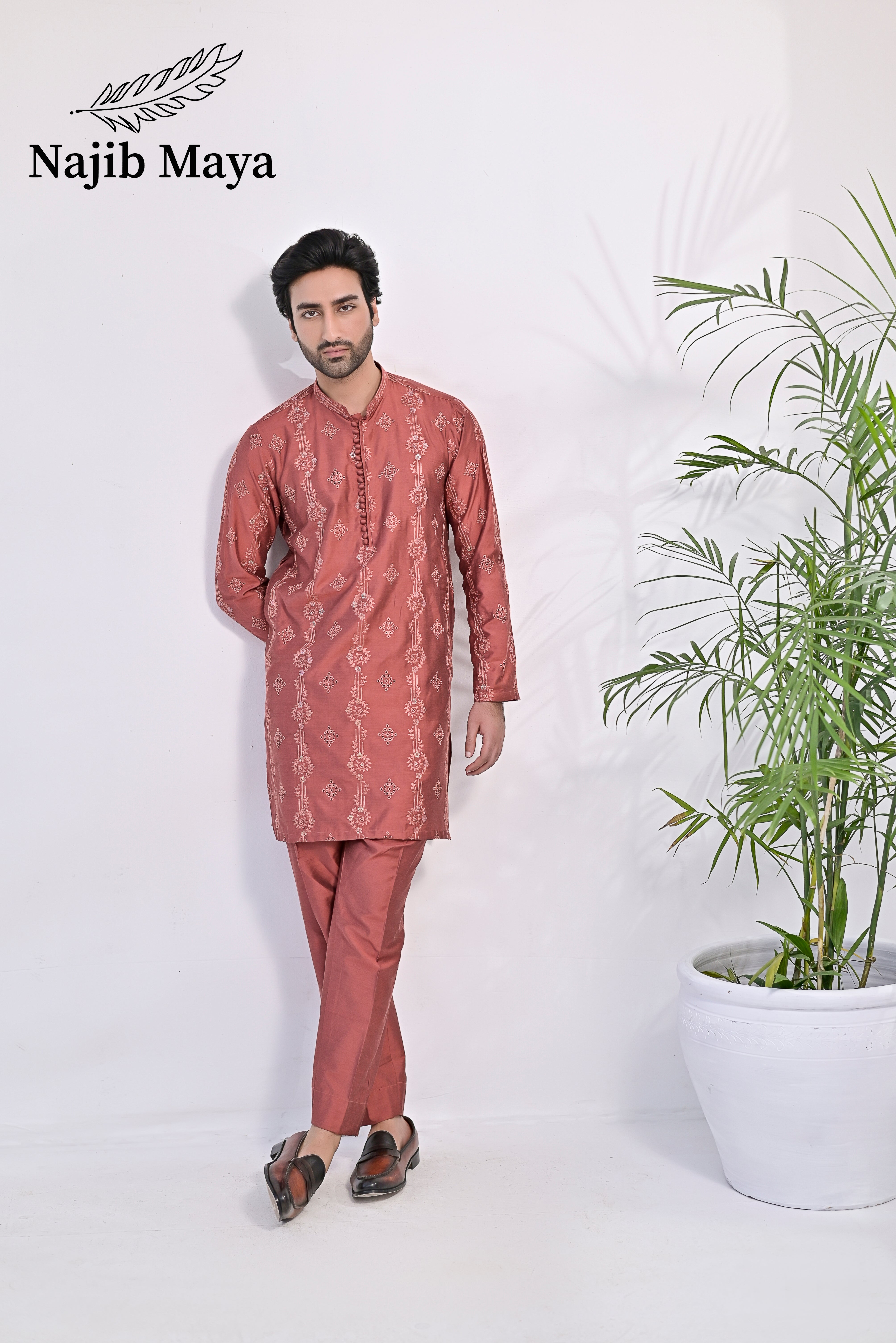 Onion Pink Embroidered Kurta Pajama For Men's Main image