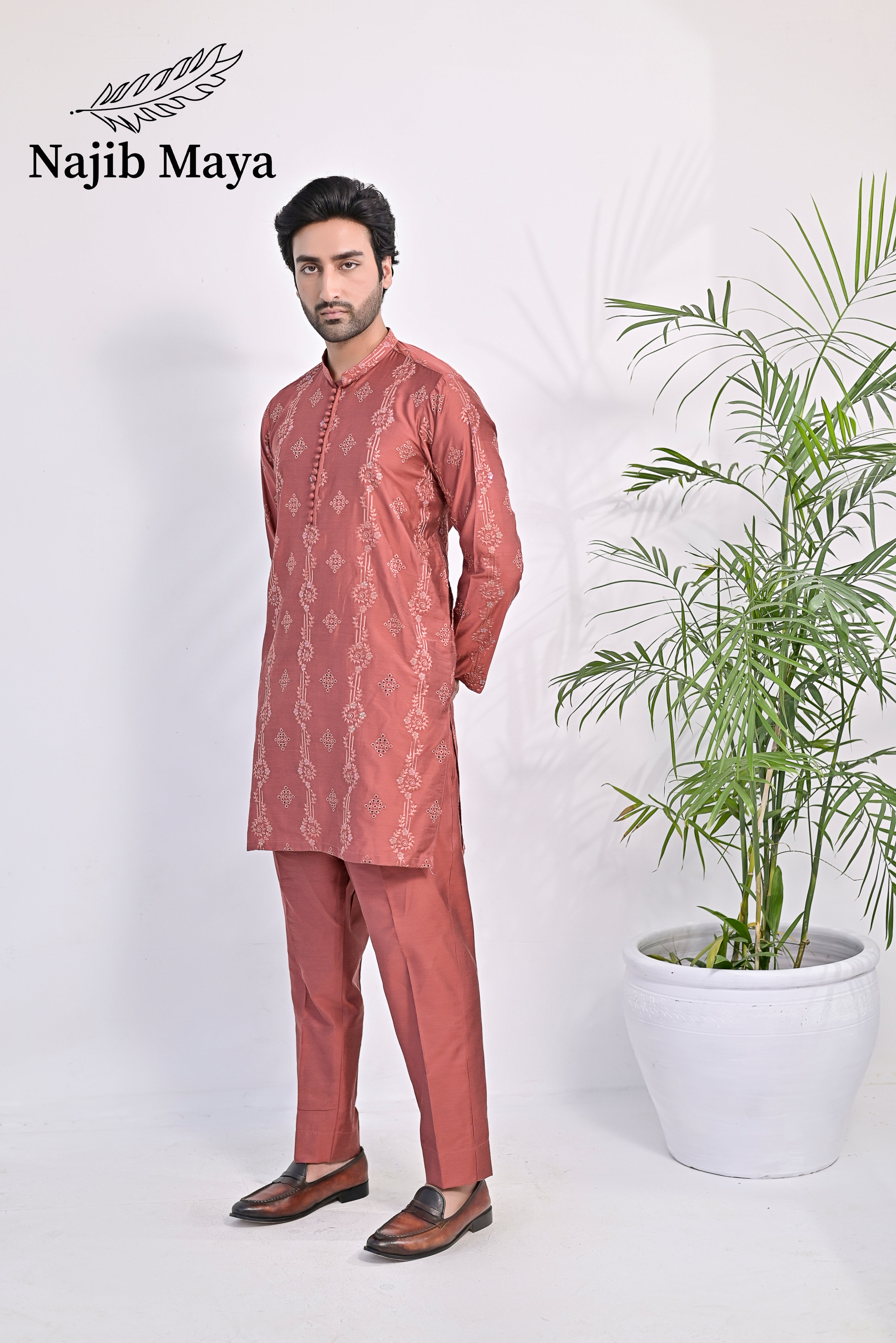 Onion Pink Embroidered Kurta Pajama For Men's