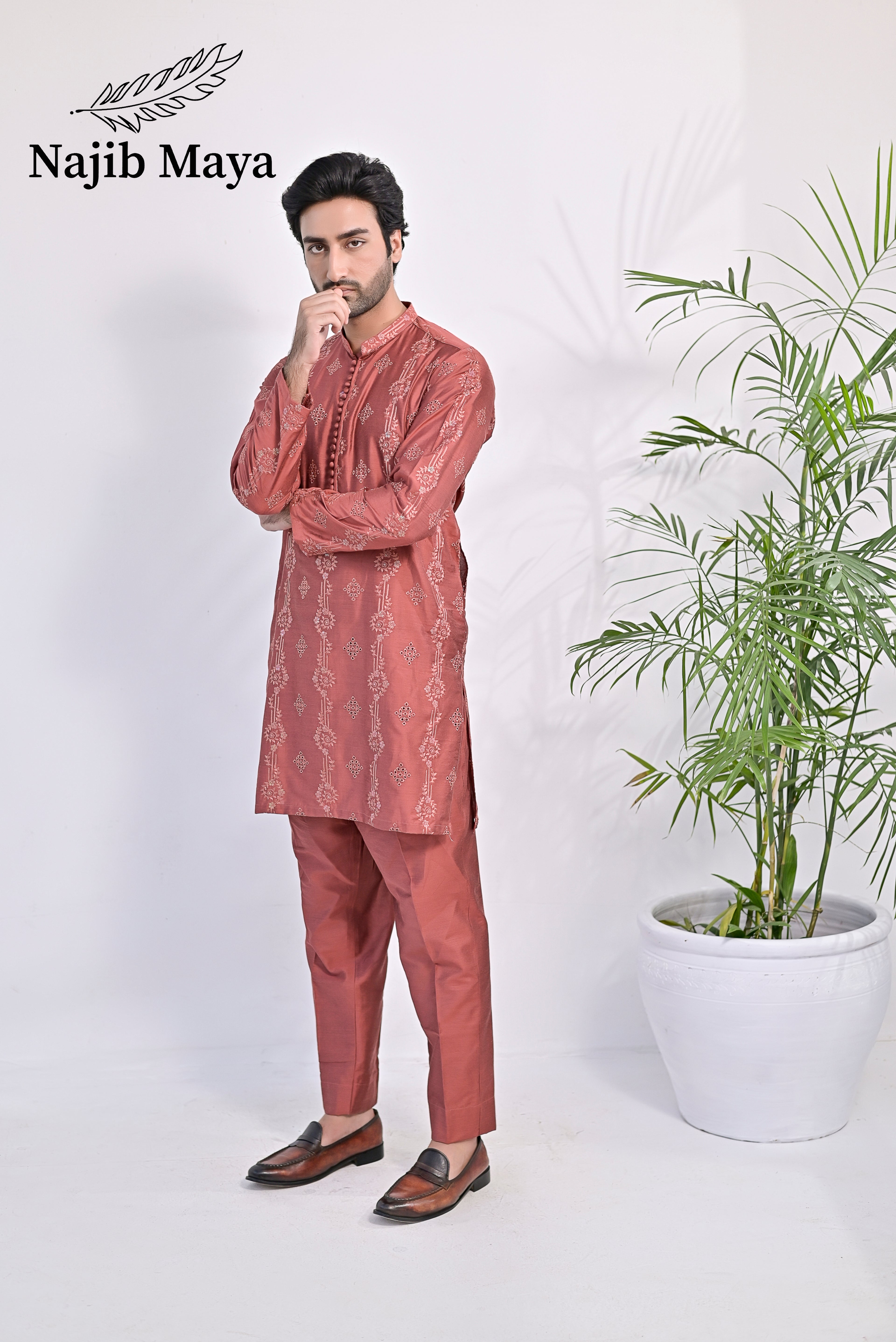 Onion Pink Embroidered Kurta Pajama For Men's