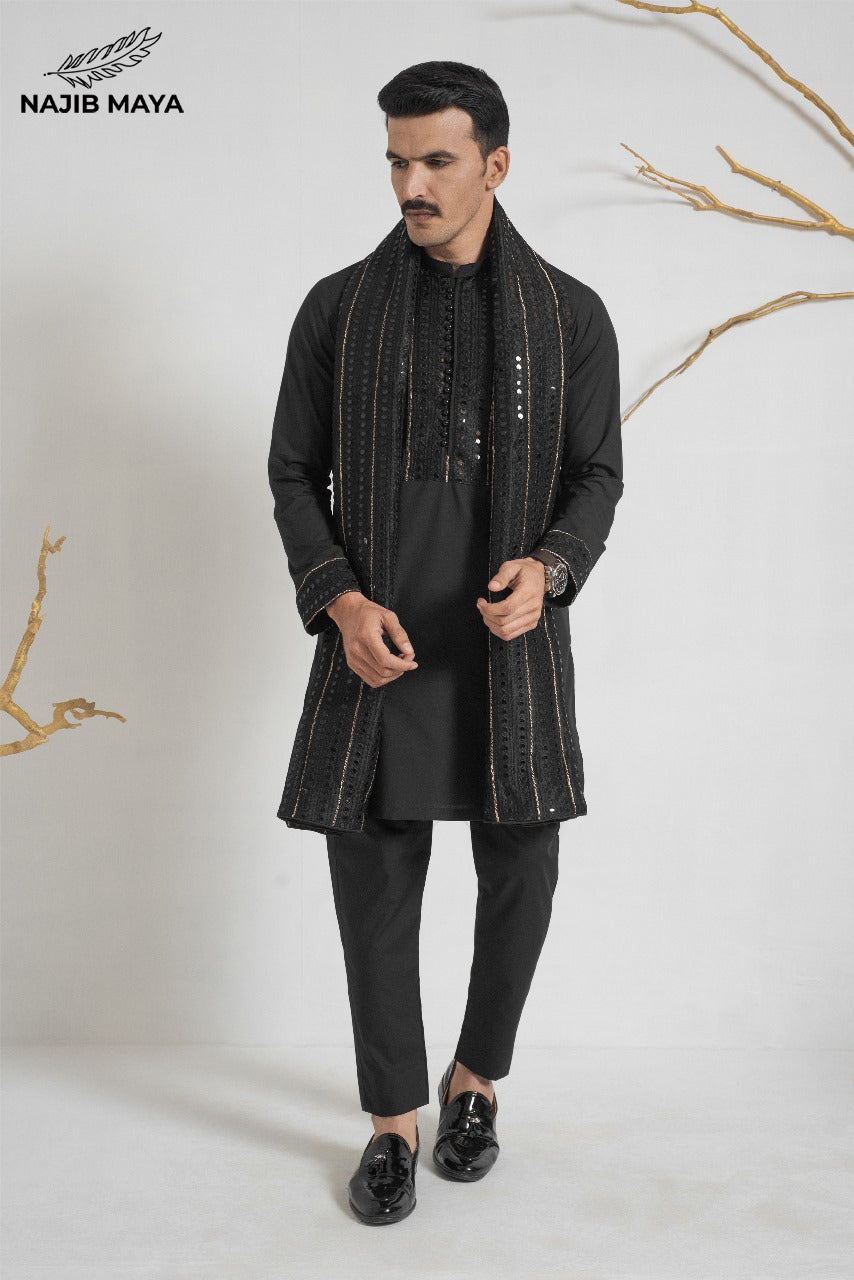 Black Stylish Kurta Pajama + Shawl For Men's Main image